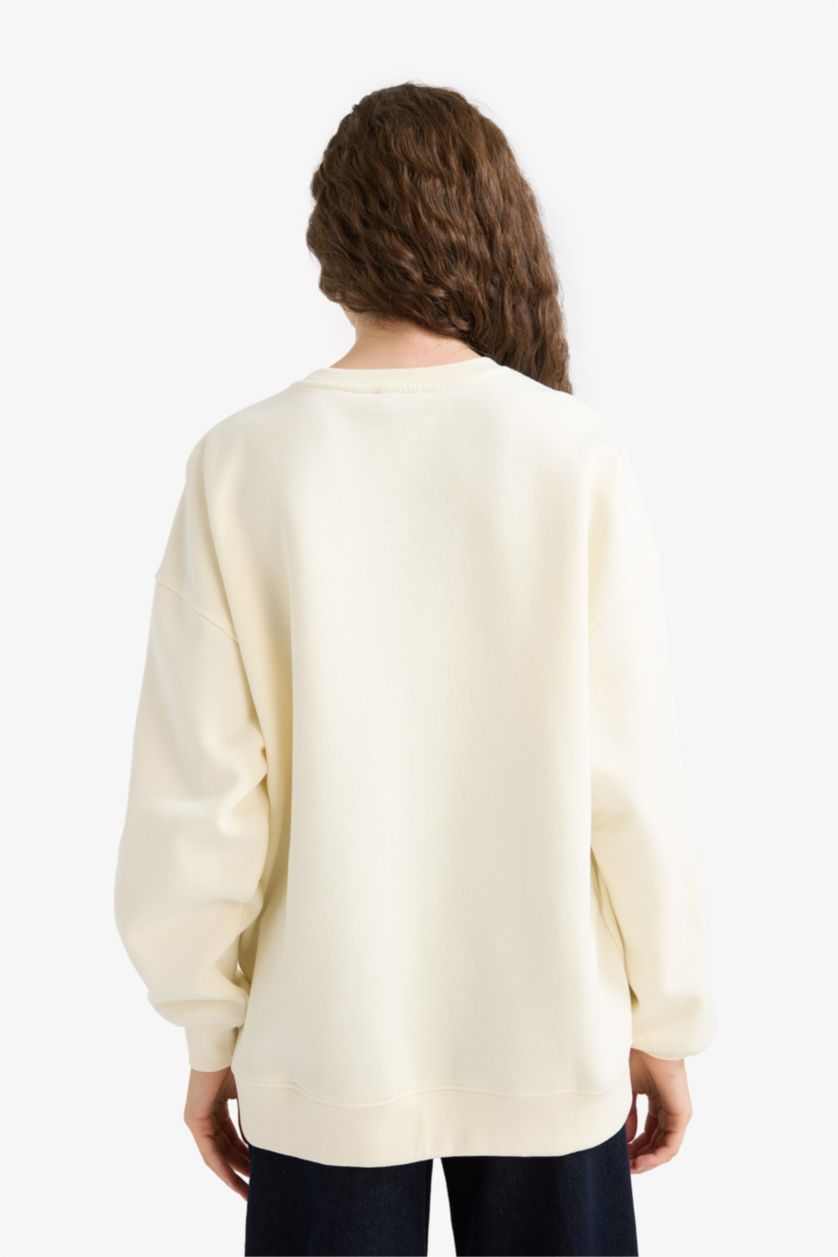 Женщины Бежевый Толстая толстовка Oversize для школы с круглым вырезом и из плотной ткани