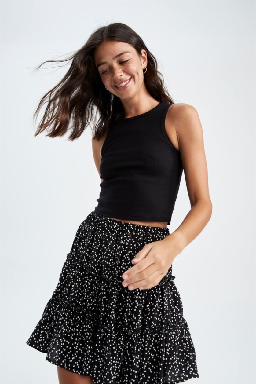 WOMAN Black High Waisted Floral Print Viscose Mini Skirt
