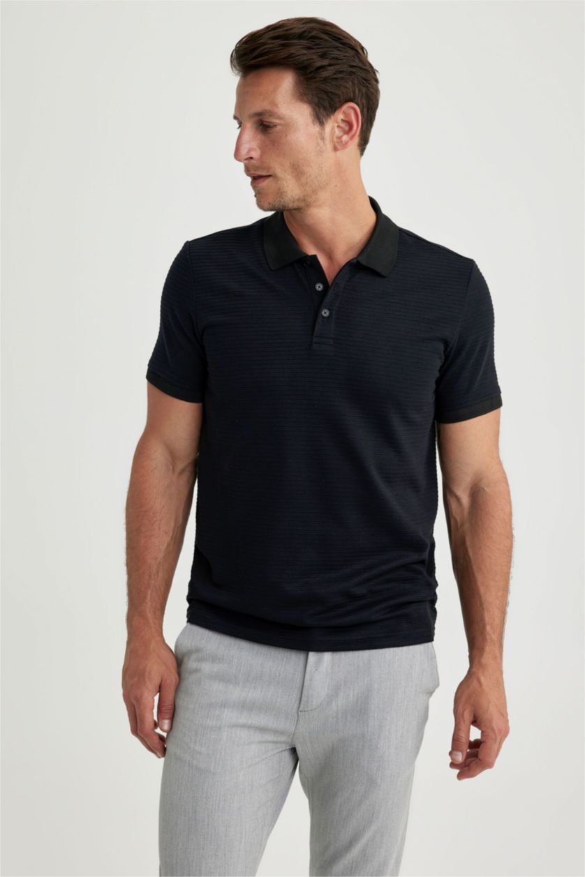 رجالي أسود تي شيرت بولو بقصة عادية