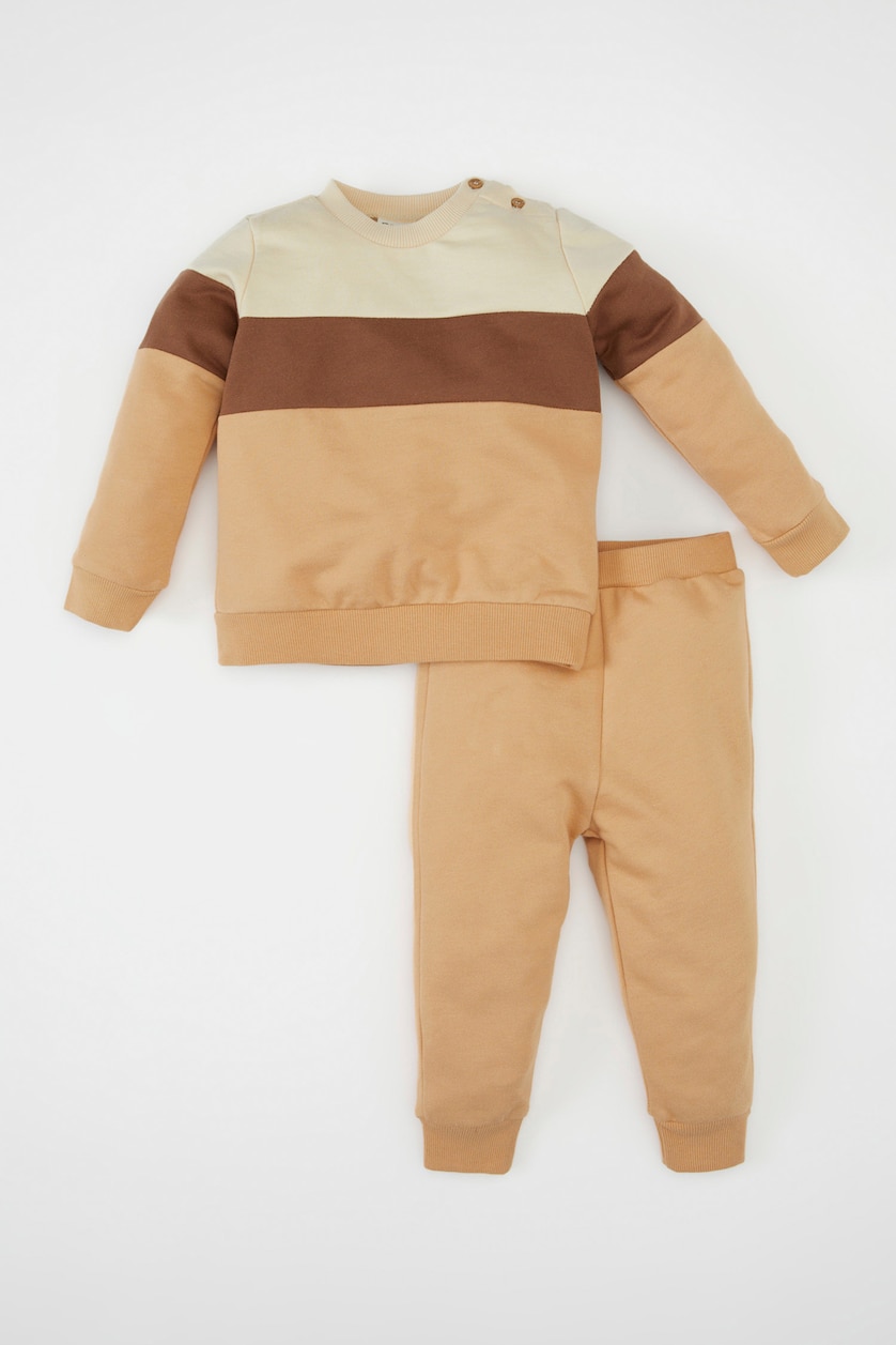 Erkek Bebek Bej Erkek Bebek 2'li Takım Renk Bloklu İçi Yumuşak Tüylü Sweatshirt Beli Lastikli Eşofman Altı