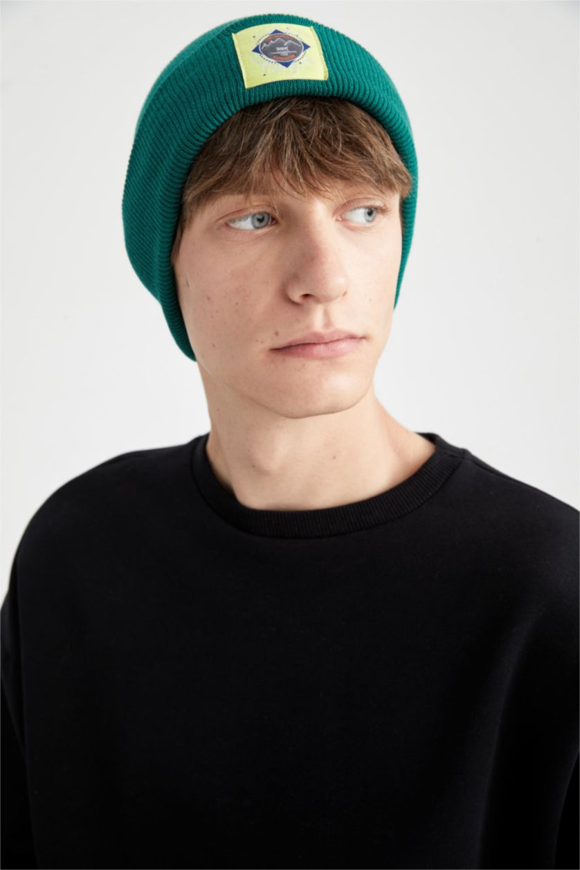 Erkek Yeşil Erkek Dokuma Etiketli Triko Bere