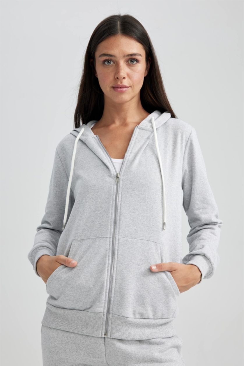 WOMAN Grey Melange Regular Fit Thin Sweatshirt Fabric Cardigan