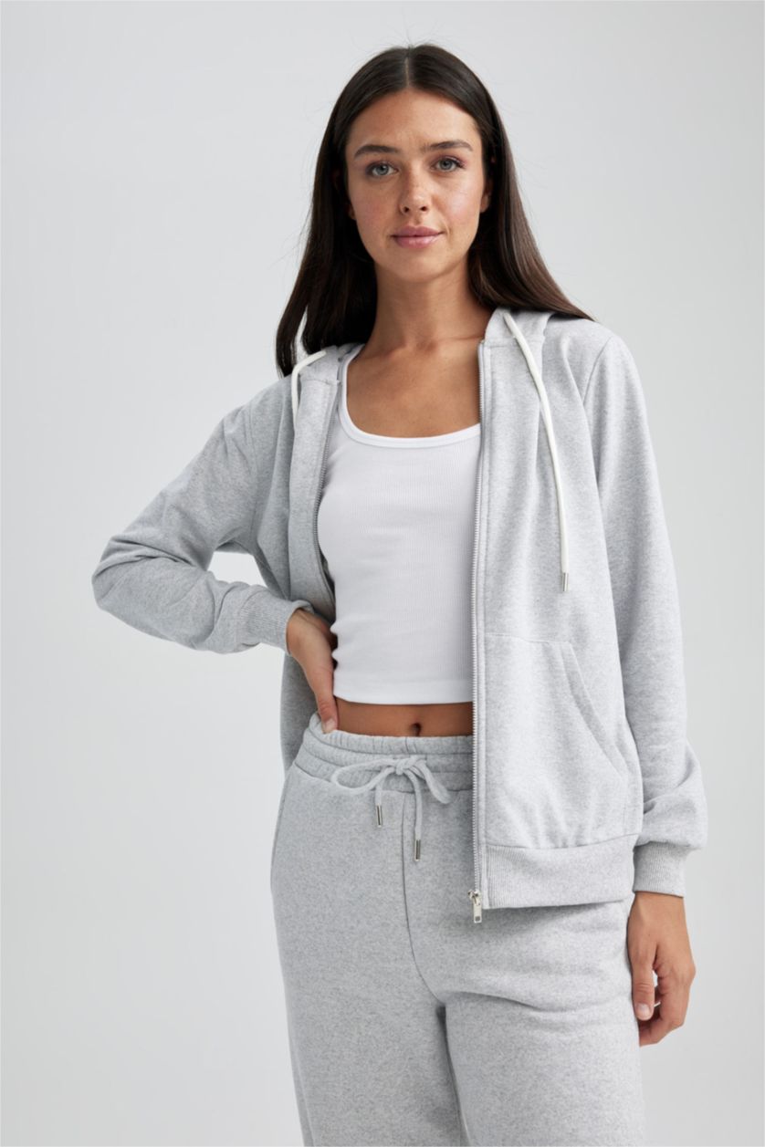 WOMAN Grey Melange Regular Fit Thin Sweatshirt Fabric Cardigan