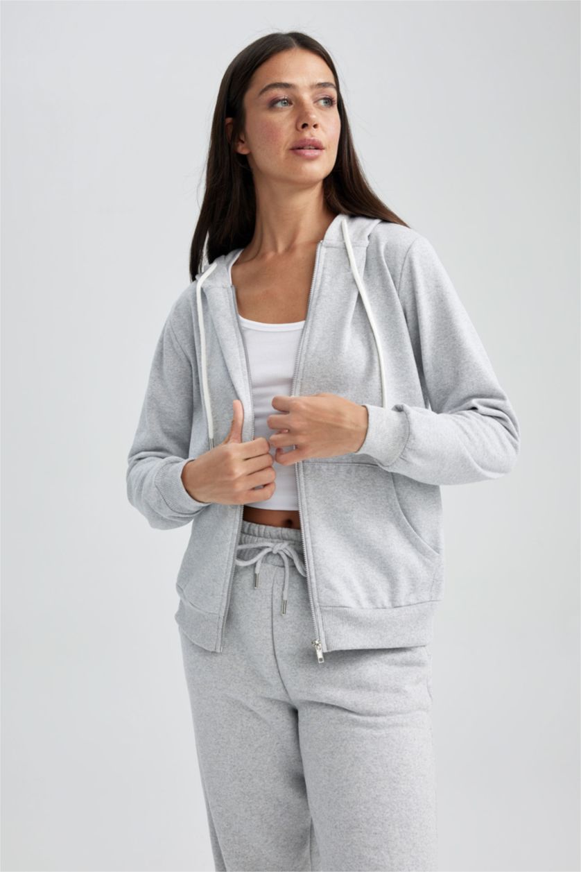 WOMAN Grey Melange Regular Fit Thin Sweatshirt Fabric Cardigan