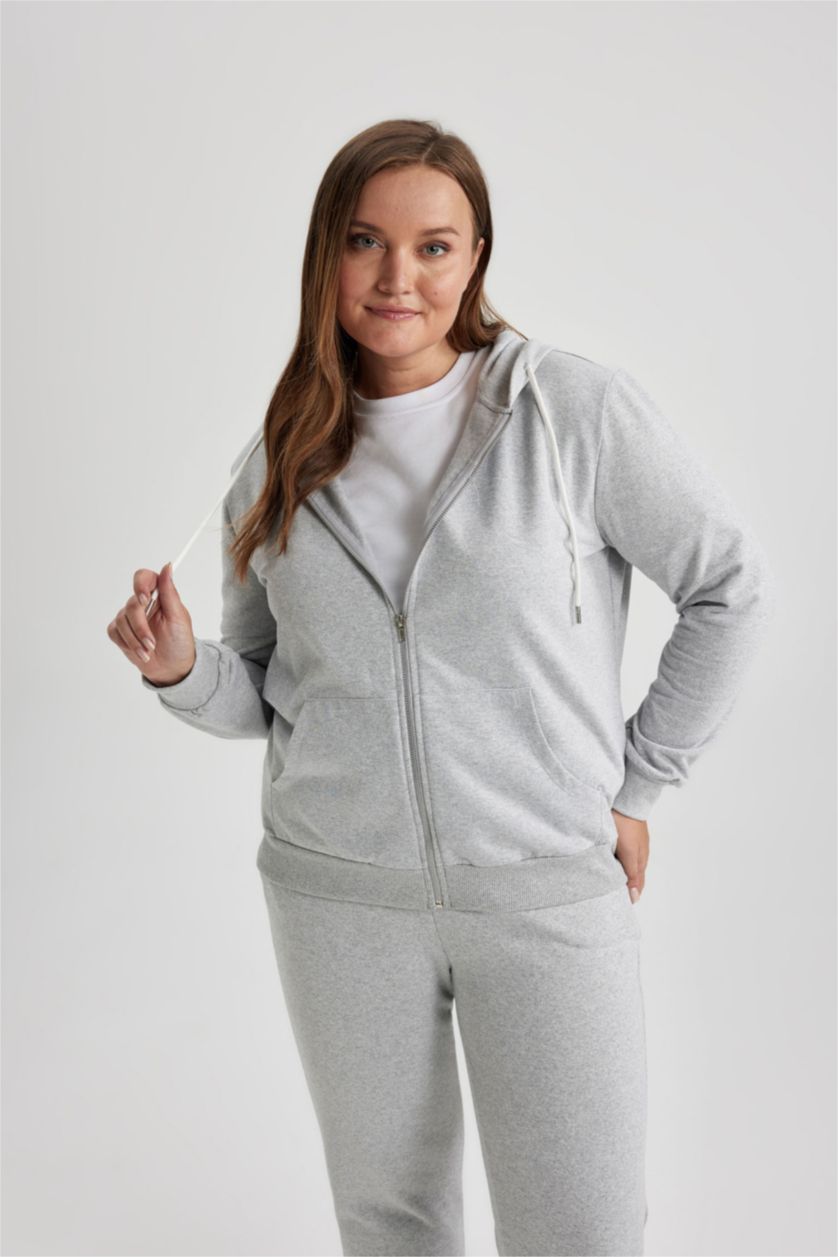 WOMAN Grey Melange Regular Fit Thin Sweatshirt Fabric Cardigan