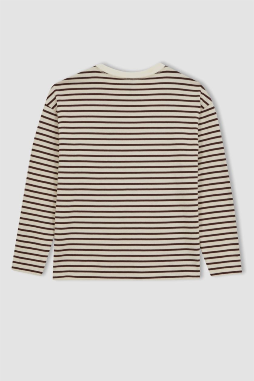 حريمي بني تي شيرت كم طويل قصة عادية مخطط برقبة مستديرة