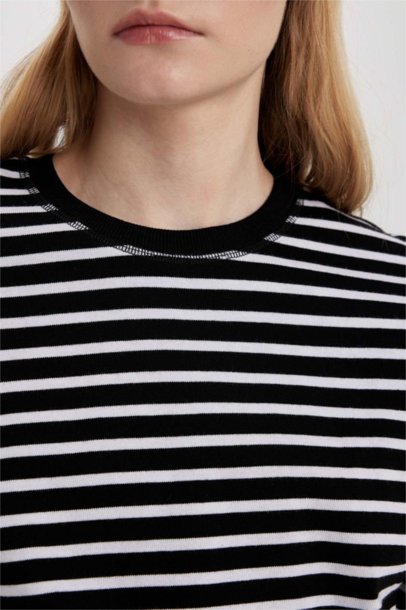 نساء أسود تي شيرت مخطط كم طويل قطن قصة عادية