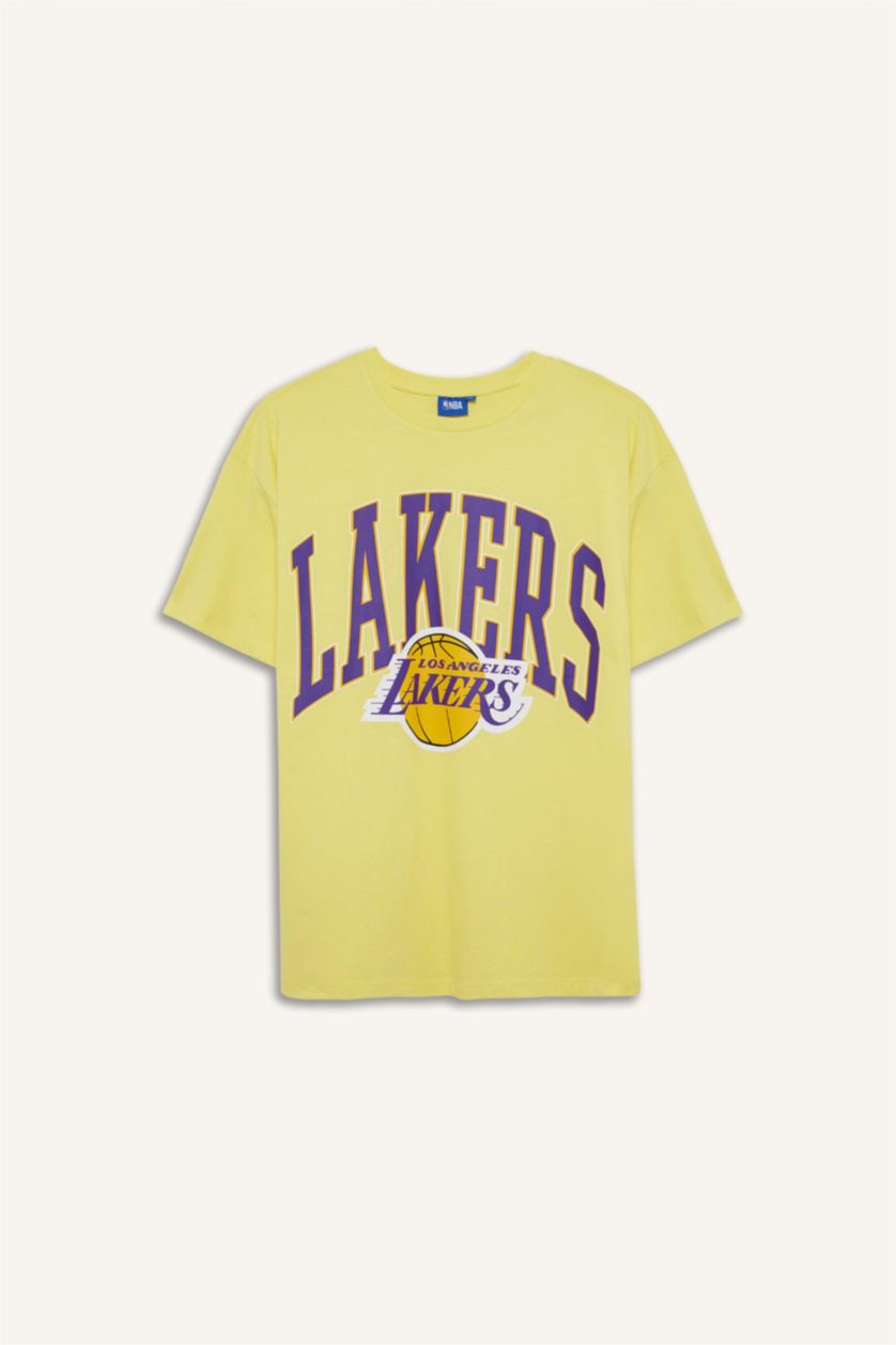 FEMME Jaune Defacto Fit NBA Los Angeles Lakers sous licence Oversize Fit Cycling Yaa T-shirt à manches courtes