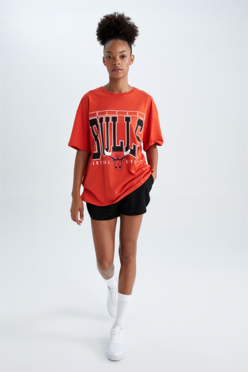 FEMME Rouge T-Shirt À Manches Courtes Oversıze Fıt Col Ras Du Cou Chicago Bulls