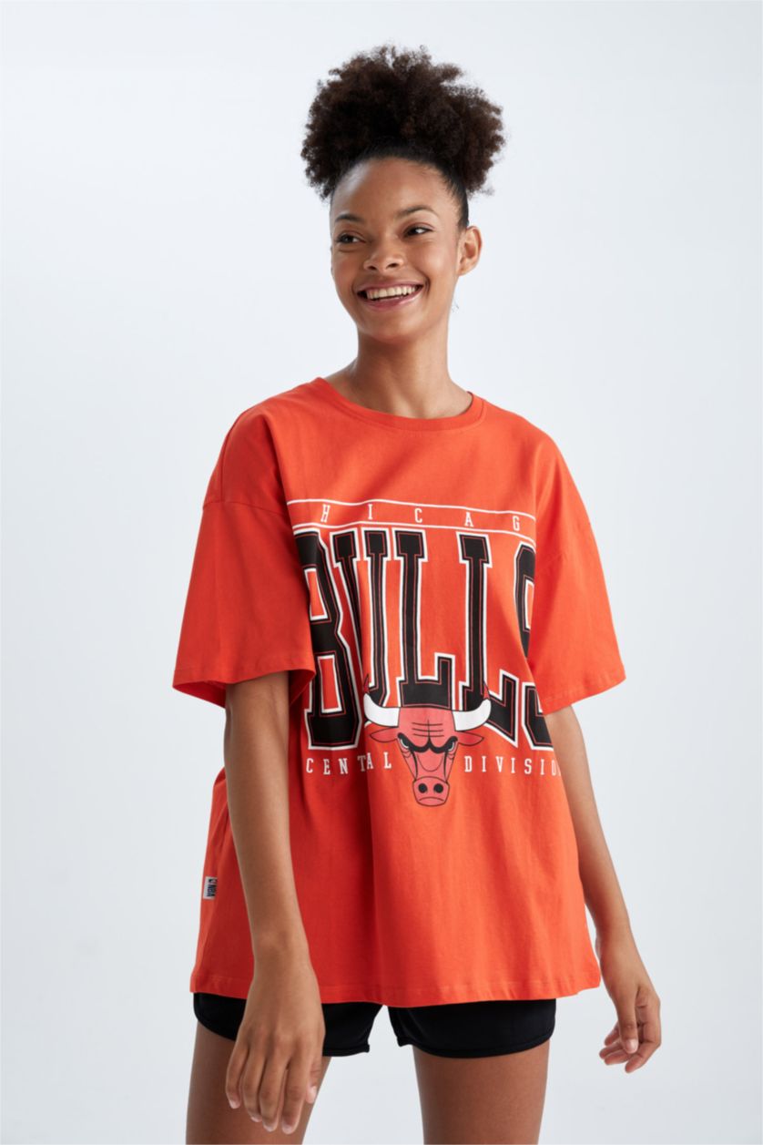 FEMME Rouge T-Shirt À Manches Courtes Oversıze Fıt Col Ras Du Cou Chicago Bulls