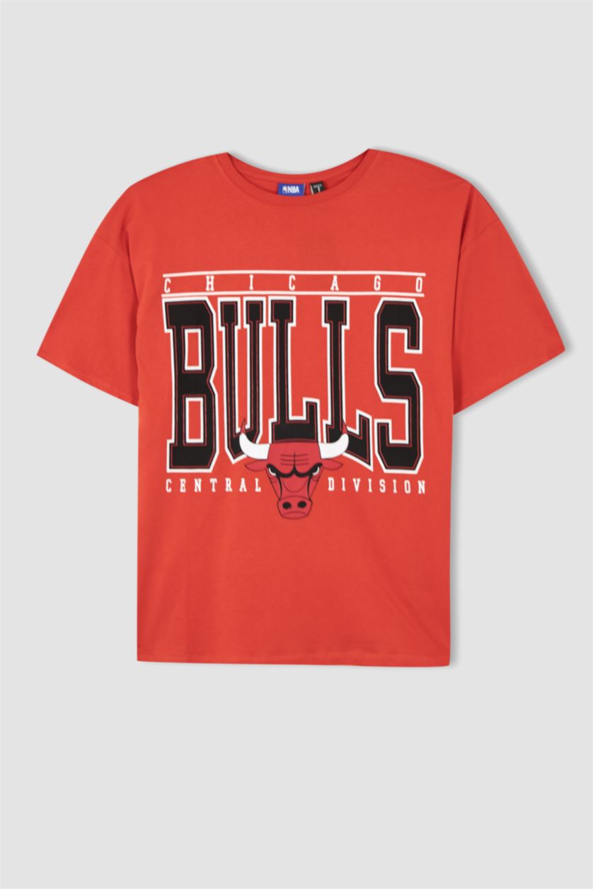 FEMME Rouge T-Shirt À Manches Courtes Oversıze Fıt Col Ras Du Cou Chicago Bulls