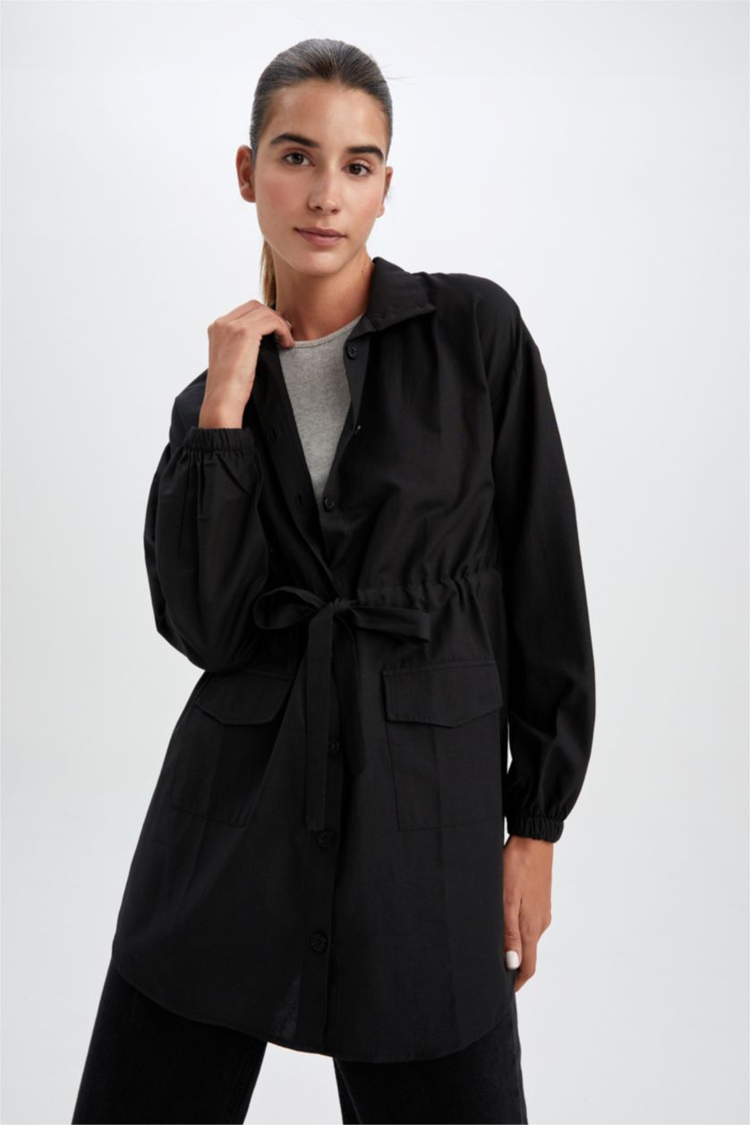 WOMAN Black Regular Fit Shirt Collar Long Sleeve Tunic