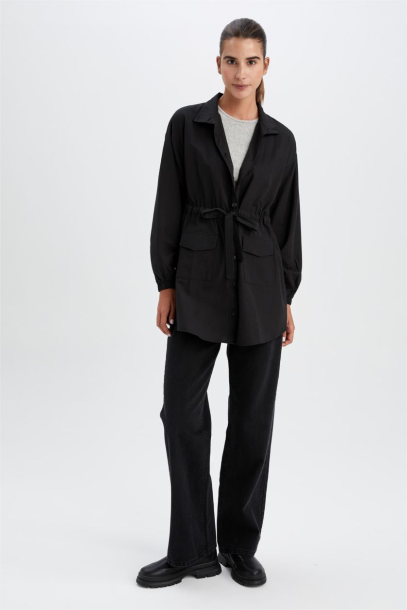 WOMAN Black Regular Fit Shirt Collar Long Sleeve Tunic