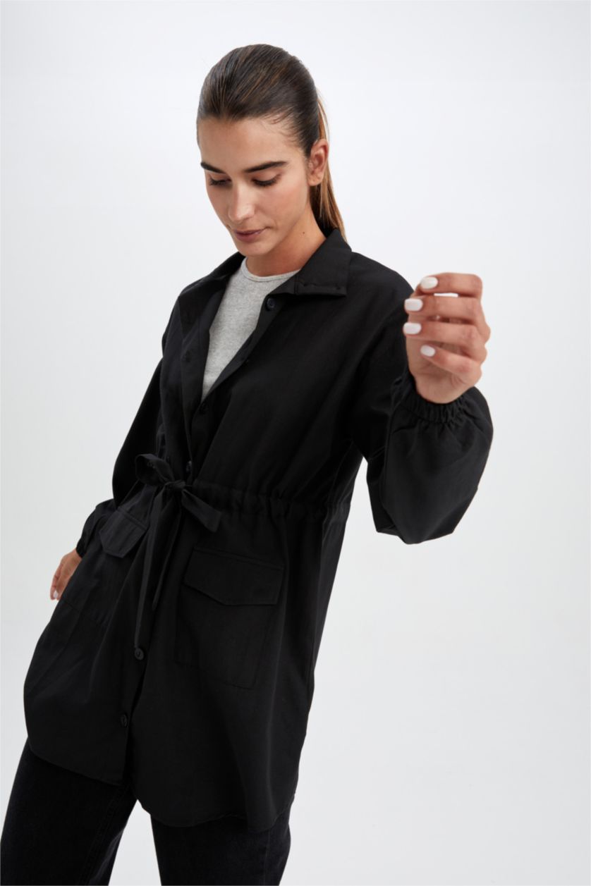 WOMAN Black Regular Fit Shirt Collar Long Sleeve Tunic