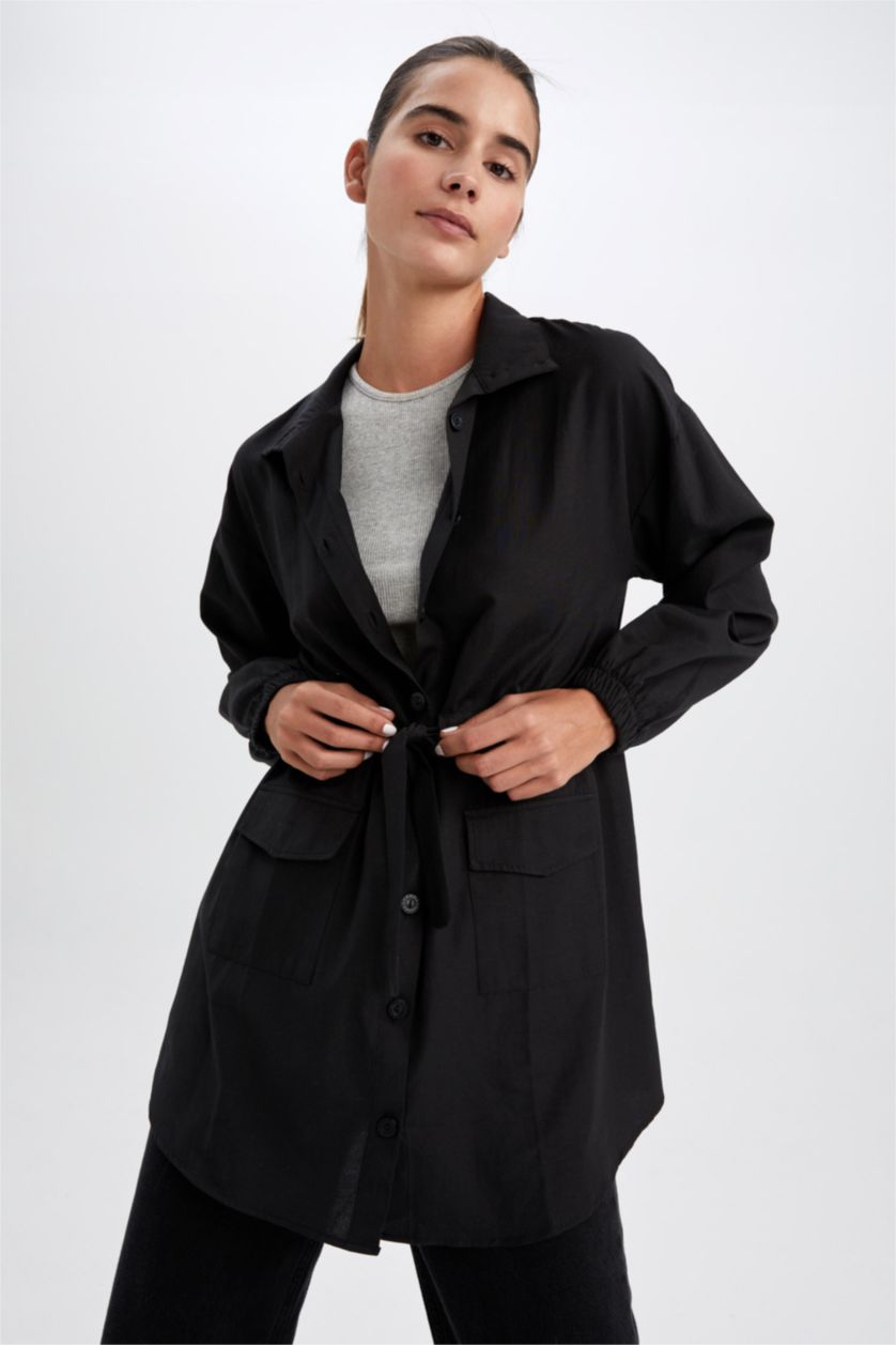 WOMAN Black Regular Fit Shirt Collar Long Sleeve Tunic