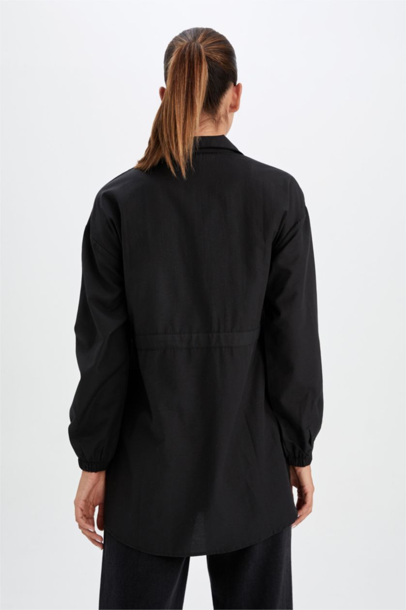 WOMAN Black Regular Fit Shirt Collar Long Sleeve Tunic