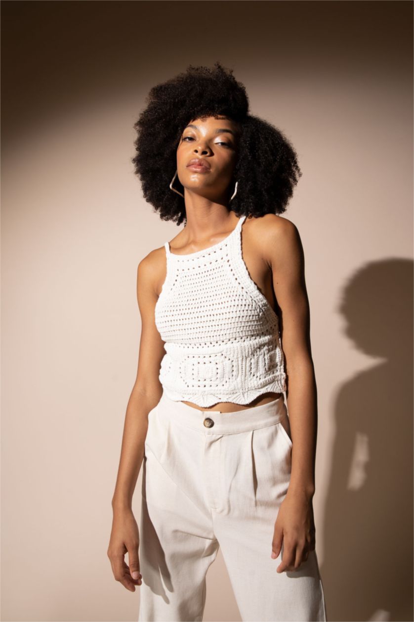 WOMAN Ecru Slim Fit Halter Neck Crochet Knit Sweater Singlet