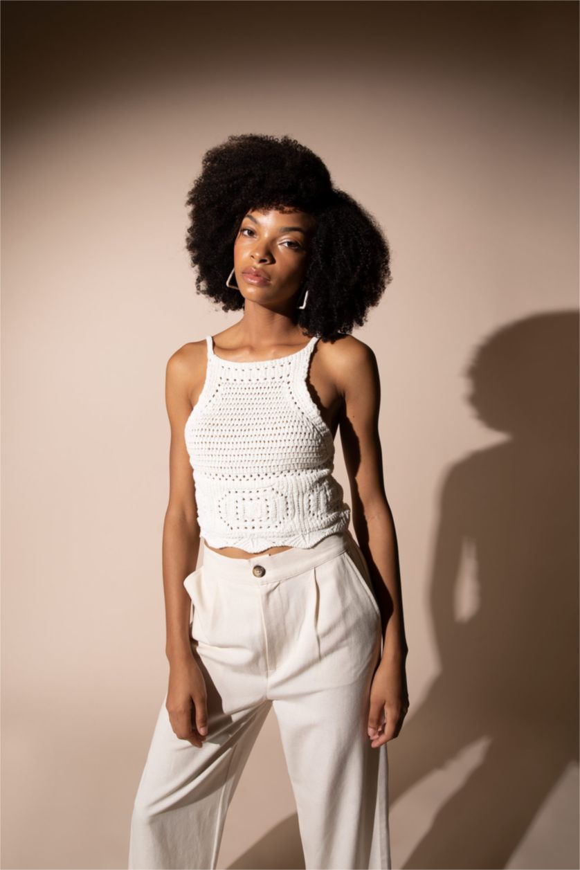 WOMAN Ecru Slim Fit Halter Neck Crochet Knit Sweater Singlet