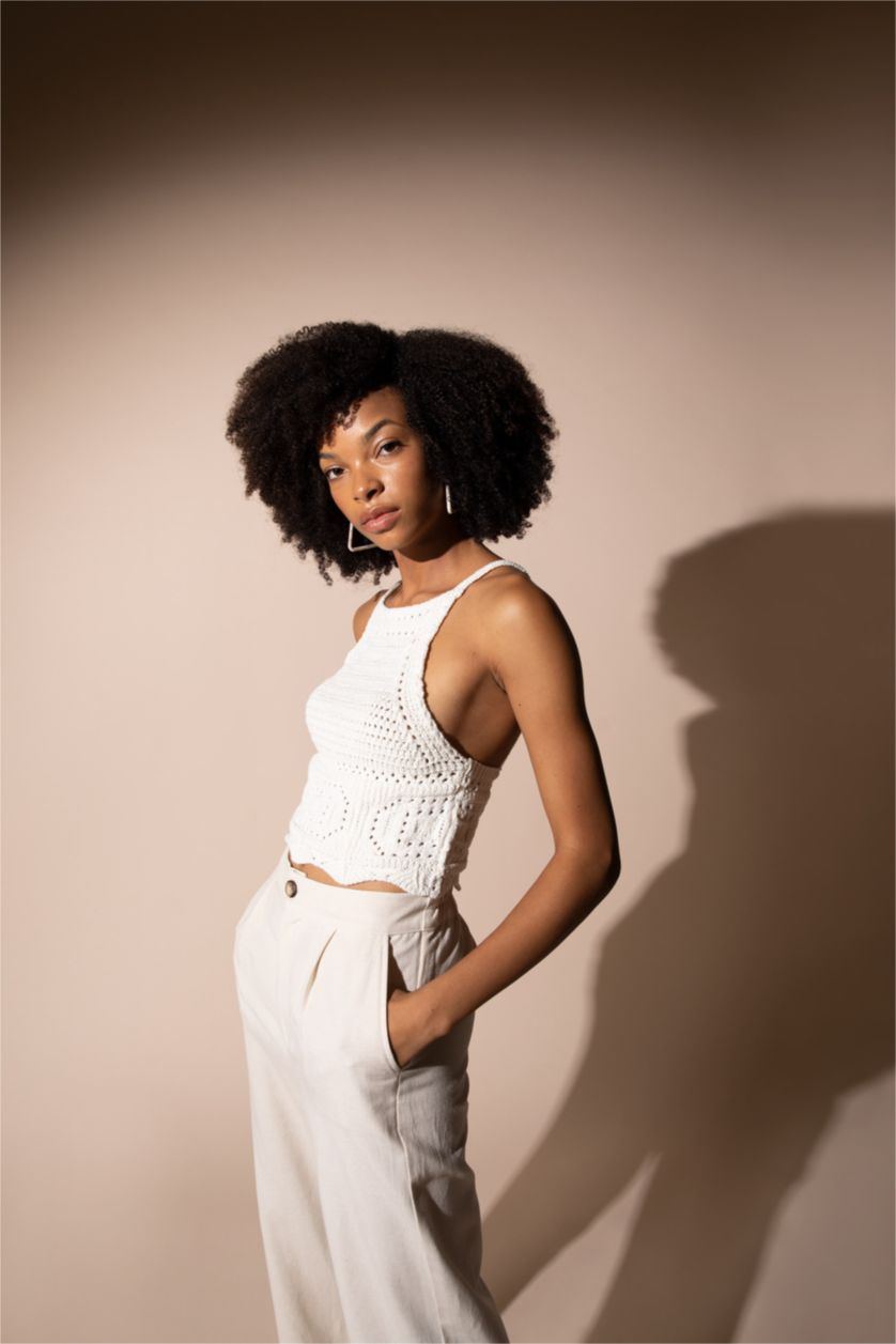 WOMAN Ecru Slim Fit Halter Neck Crochet Knit Sweater Singlet