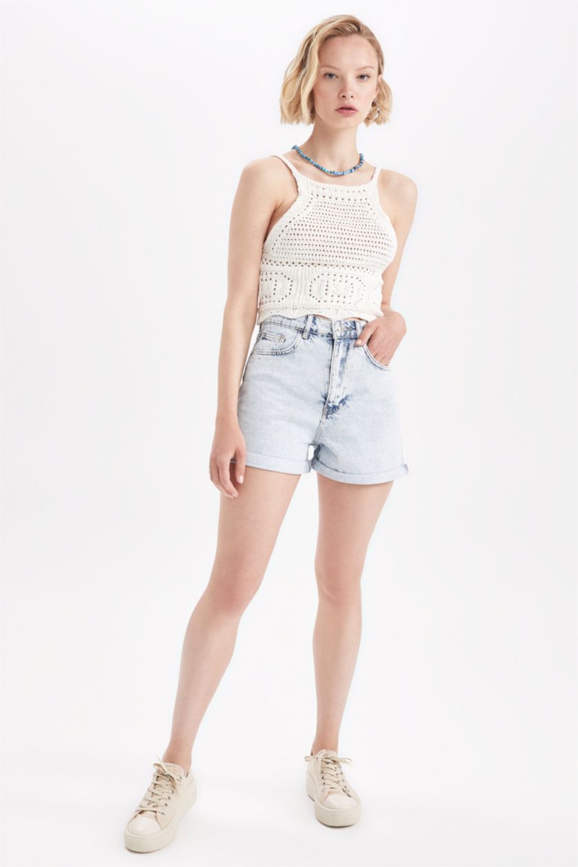 WOMAN Ecru Slim Fit Halter Neck Crochet Knit Sweater Singlet