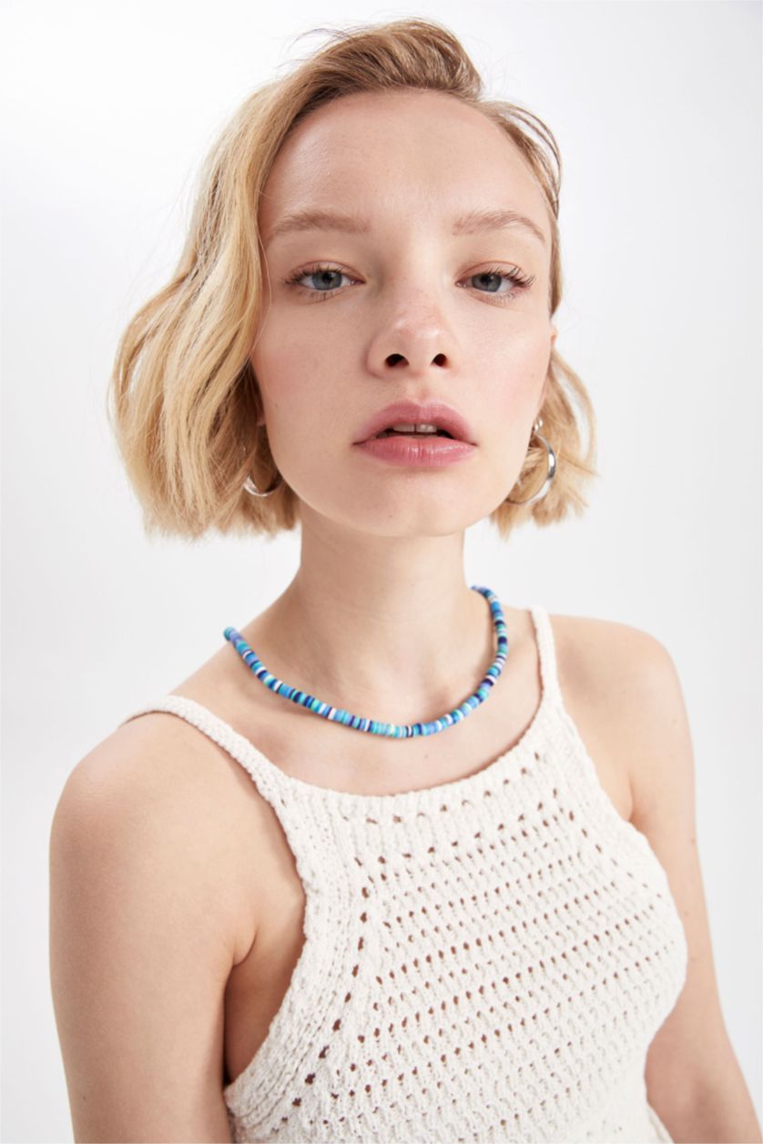 WOMAN Ecru Slim Fit Halter Neck Crochet Knit Sweater Singlet