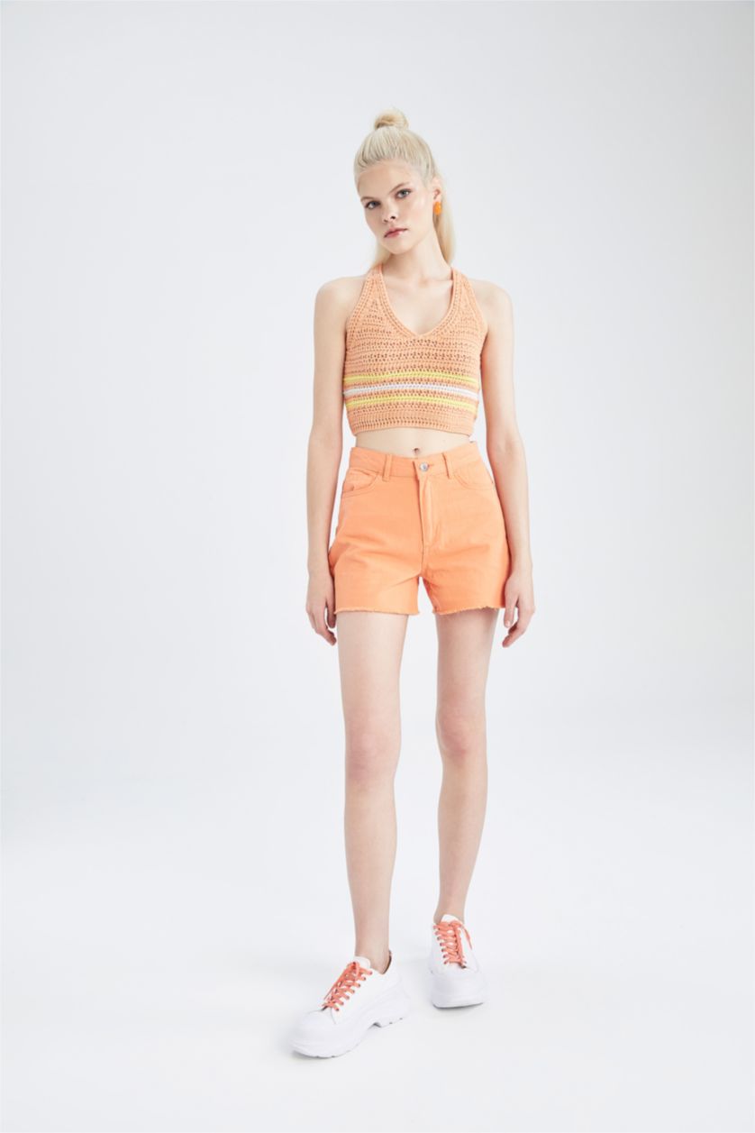 FEMME Orange Débardeur en tricot au crochet coupe slim à encolure en V et sans manches