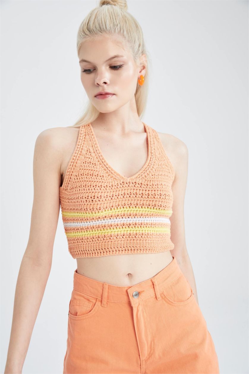 FEMME Orange Débardeur en tricot au crochet coupe slim à encolure en V et sans manches