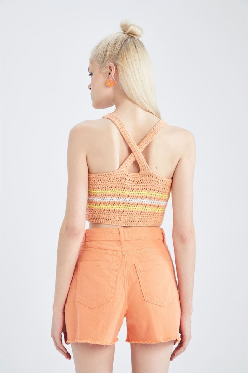 FEMME Orange Débardeur en tricot au crochet coupe slim à encolure en V et sans manches