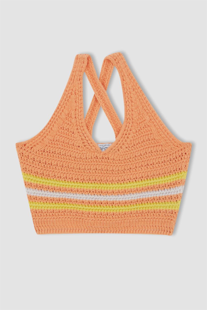 FEMME Orange Débardeur en tricot au crochet coupe slim à encolure en V et sans manches