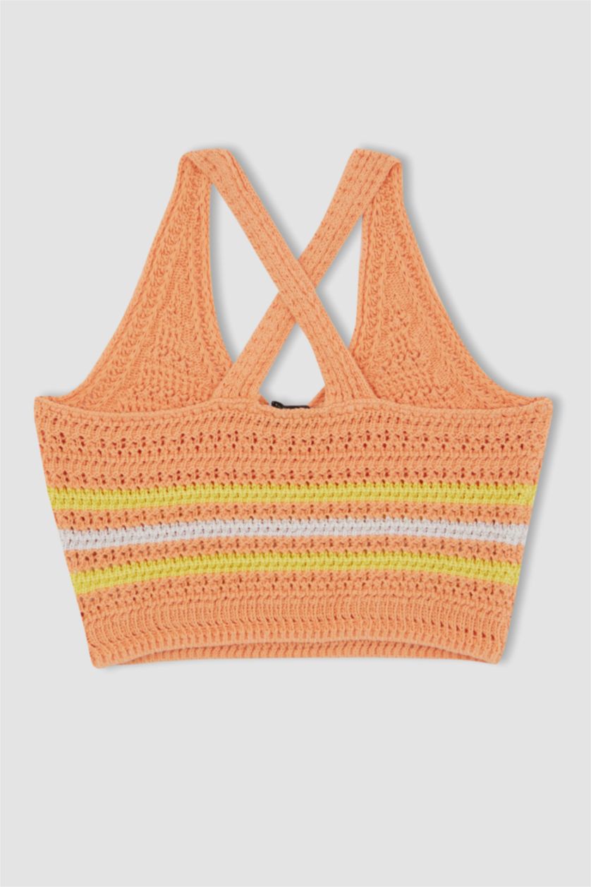 FEMME Orange Débardeur en tricot au crochet coupe slim à encolure en V et sans manches