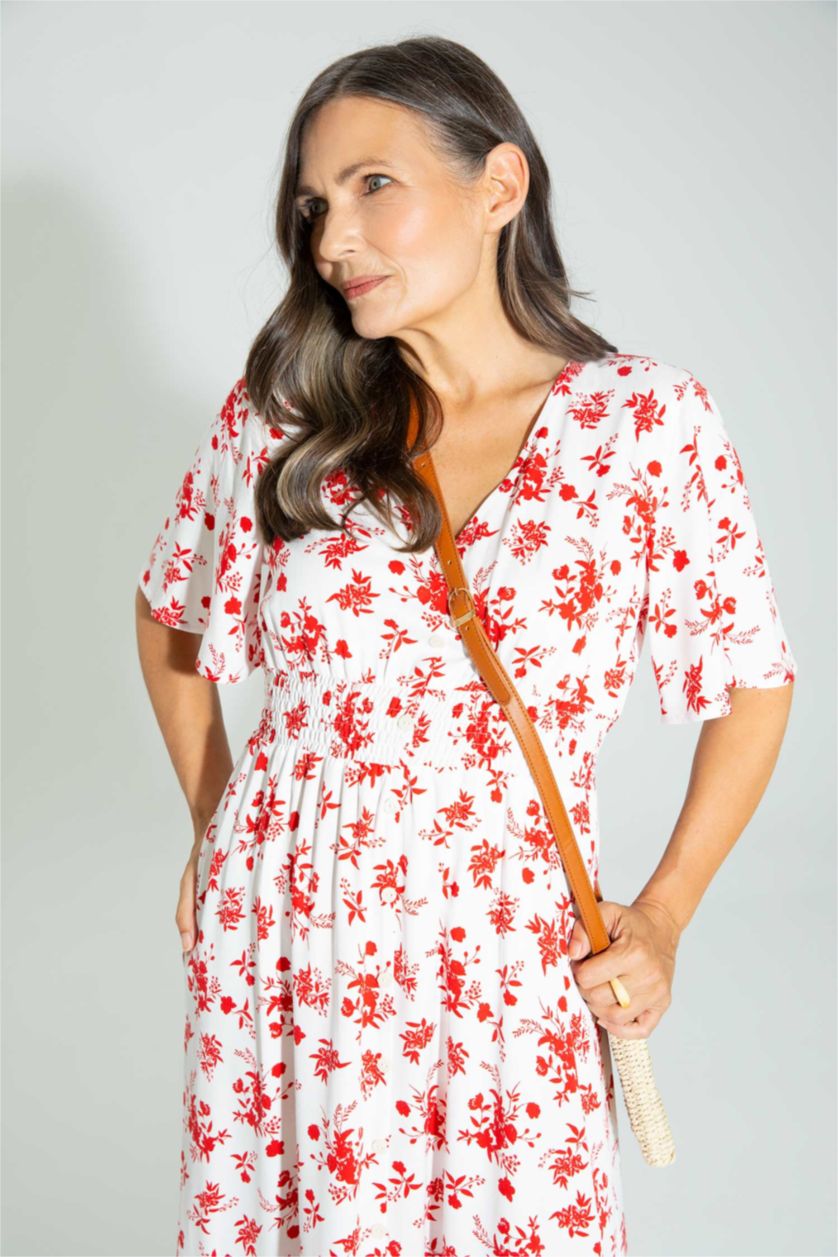 نساء أزرق فستان ميدي بالمندو بياقة V