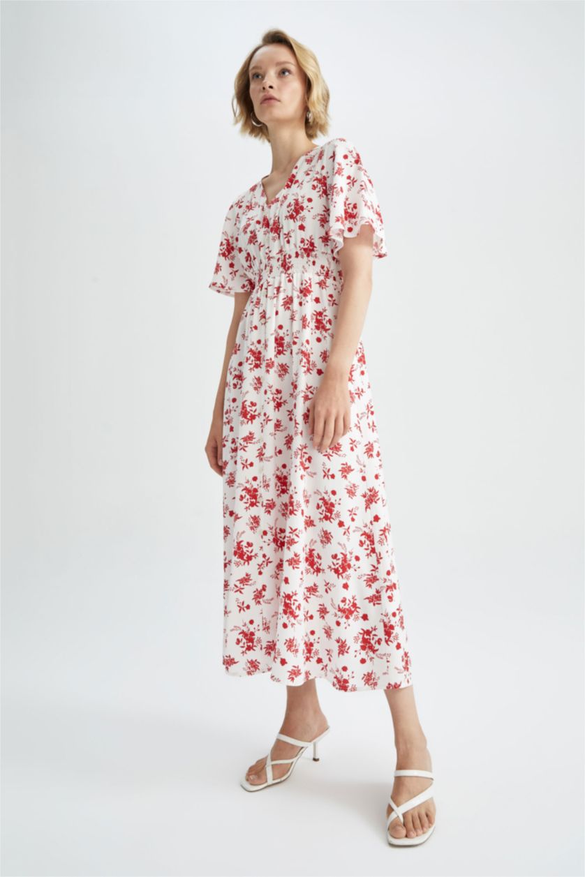 نساء أزرق فستان ميدي بالمندو بياقة V