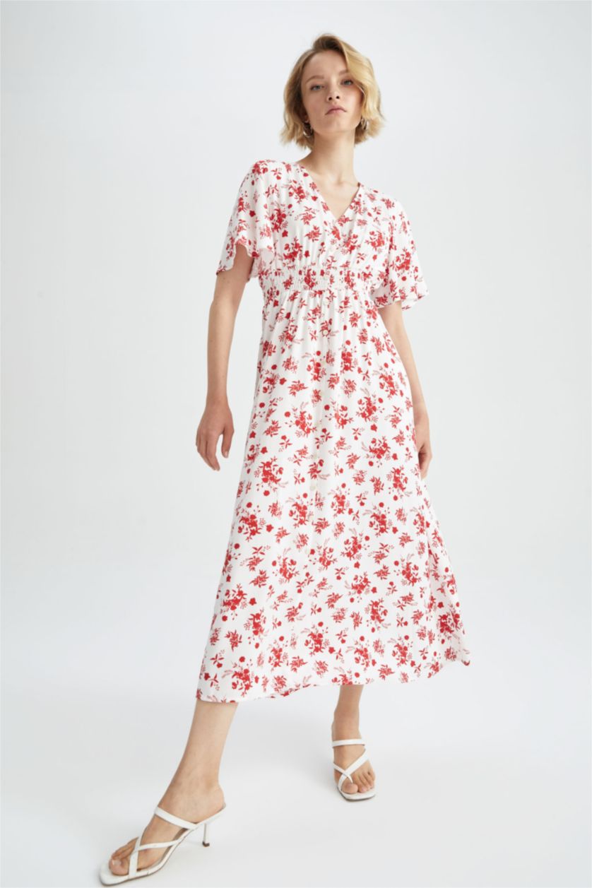 نساء أزرق فستان ميدي بالمندو بياقة V