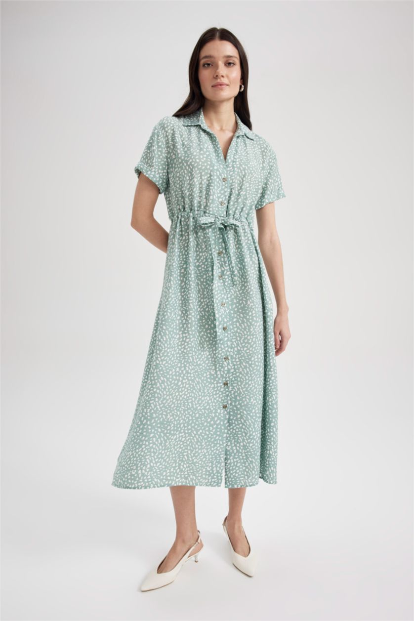WOMAN Mint Traditional Patterned Shirt Collar Short Sleeve Viscose Midi Shirt Dress