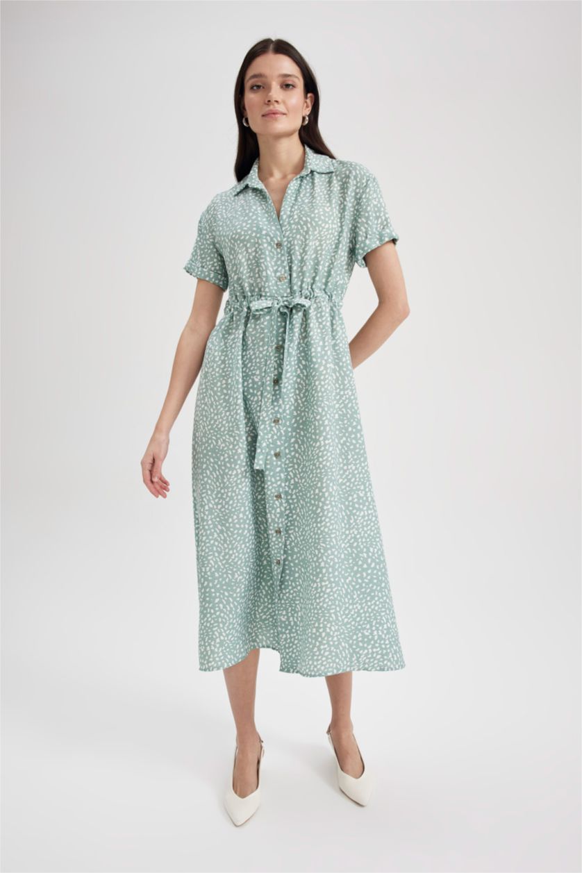 WOMAN Mint Traditional Patterned Shirt Collar Short Sleeve Viscose Midi Shirt Dress