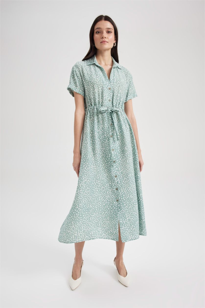 WOMAN Mint Traditional Patterned Shirt Collar Short Sleeve Viscose Midi Shirt Dress