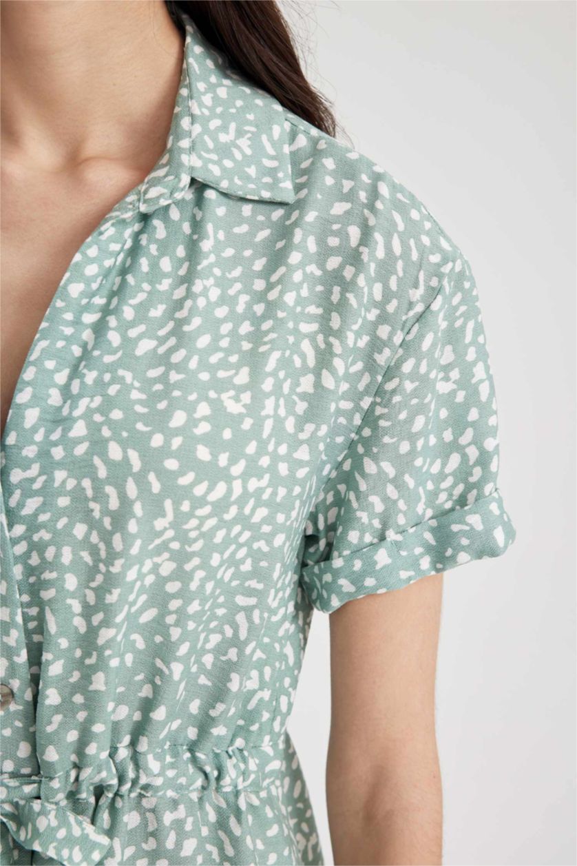 WOMAN Mint Traditional Patterned Shirt Collar Short Sleeve Viscose Midi Shirt Dress