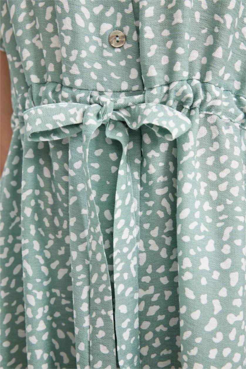 WOMAN Mint Traditional Patterned Shirt Collar Short Sleeve Viscose Midi Shirt Dress