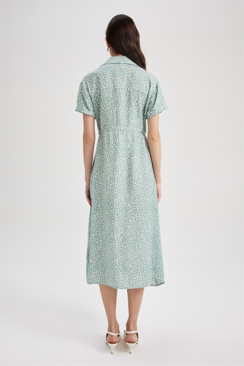 WOMAN Mint Traditional Patterned Shirt Collar Short Sleeve Viscose Midi Shirt Dress