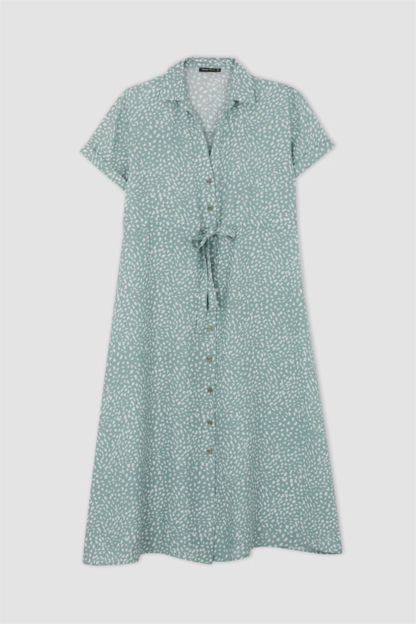 WOMAN Mint Traditional Patterned Shirt Collar Short Sleeve Viscose Midi Shirt Dress