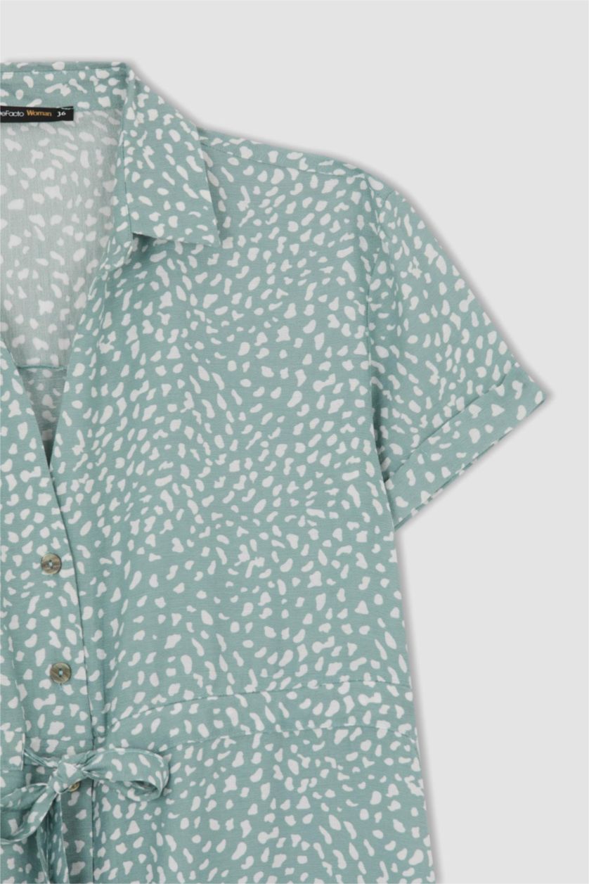 WOMAN Mint Traditional Patterned Shirt Collar Short Sleeve Viscose Midi Shirt Dress