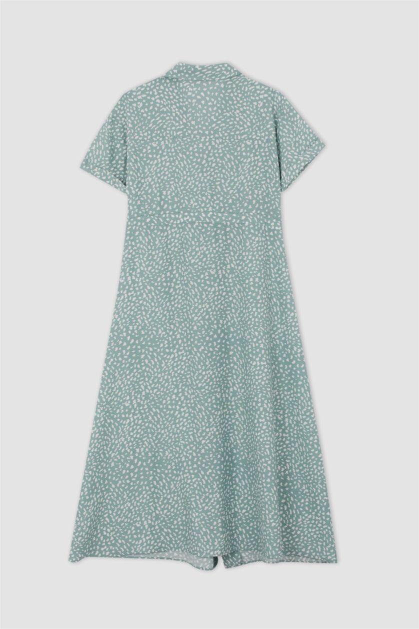 WOMAN Mint Traditional Patterned Shirt Collar Short Sleeve Viscose Midi Shirt Dress