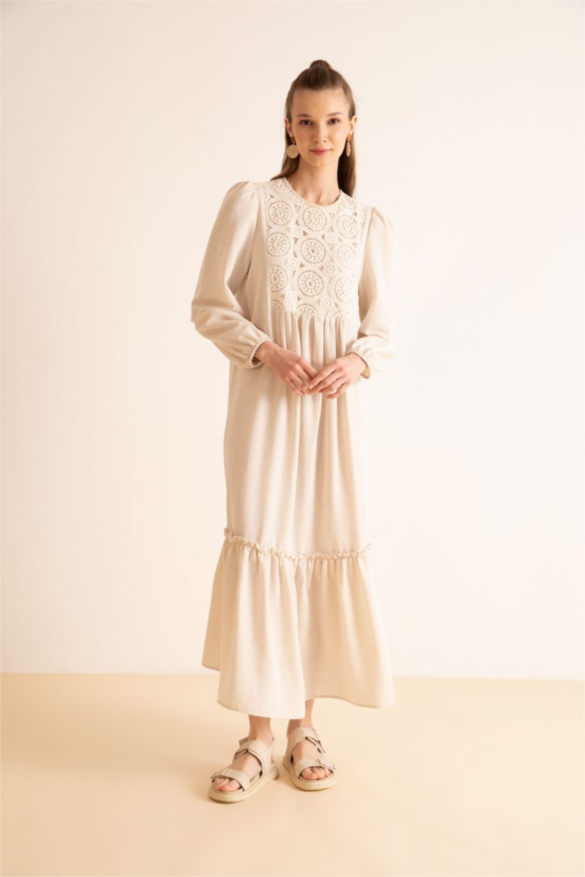 FEMME Beige Col Ras Du Cou Lin Mélangé Manche Longue Robe Tissée À Manches Longues