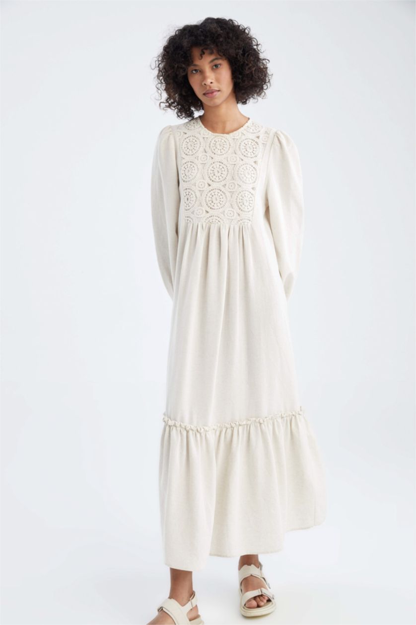 FEMME Beige Col Ras Du Cou Lin Mélangé Manche Longue Robe Tissée À Manches Longues