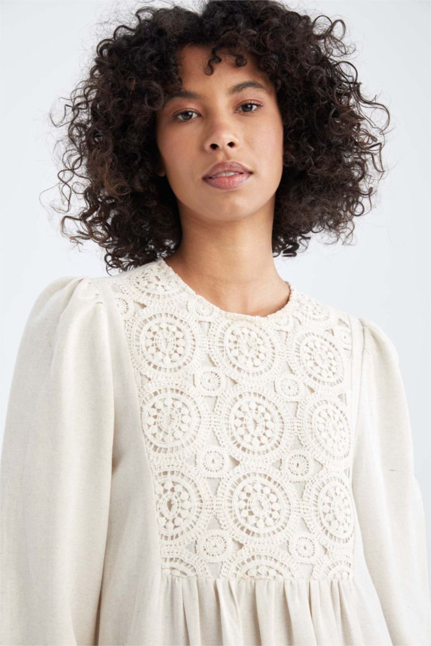 FEMME Beige Col Ras Du Cou Lin Mélangé Manche Longue Robe Tissée À Manches Longues