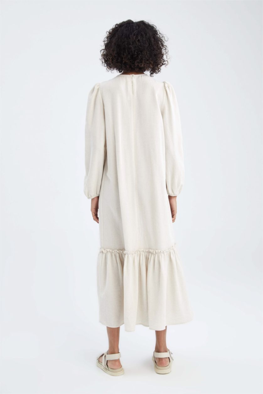 FEMME Beige Col Ras Du Cou Lin Mélangé Manche Longue Robe Tissée À Manches Longues