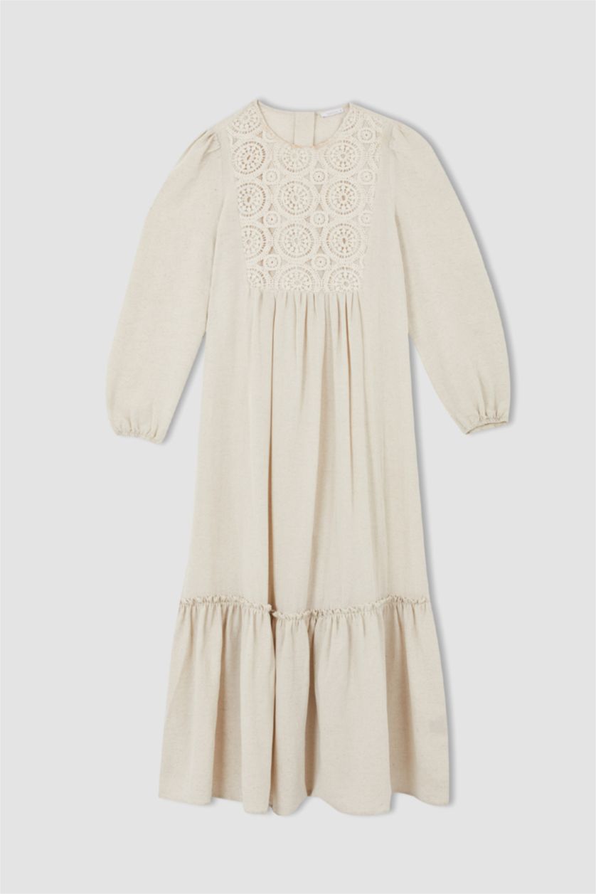 FEMME Beige Col Ras Du Cou Lin Mélangé Manche Longue Robe Tissée À Manches Longues