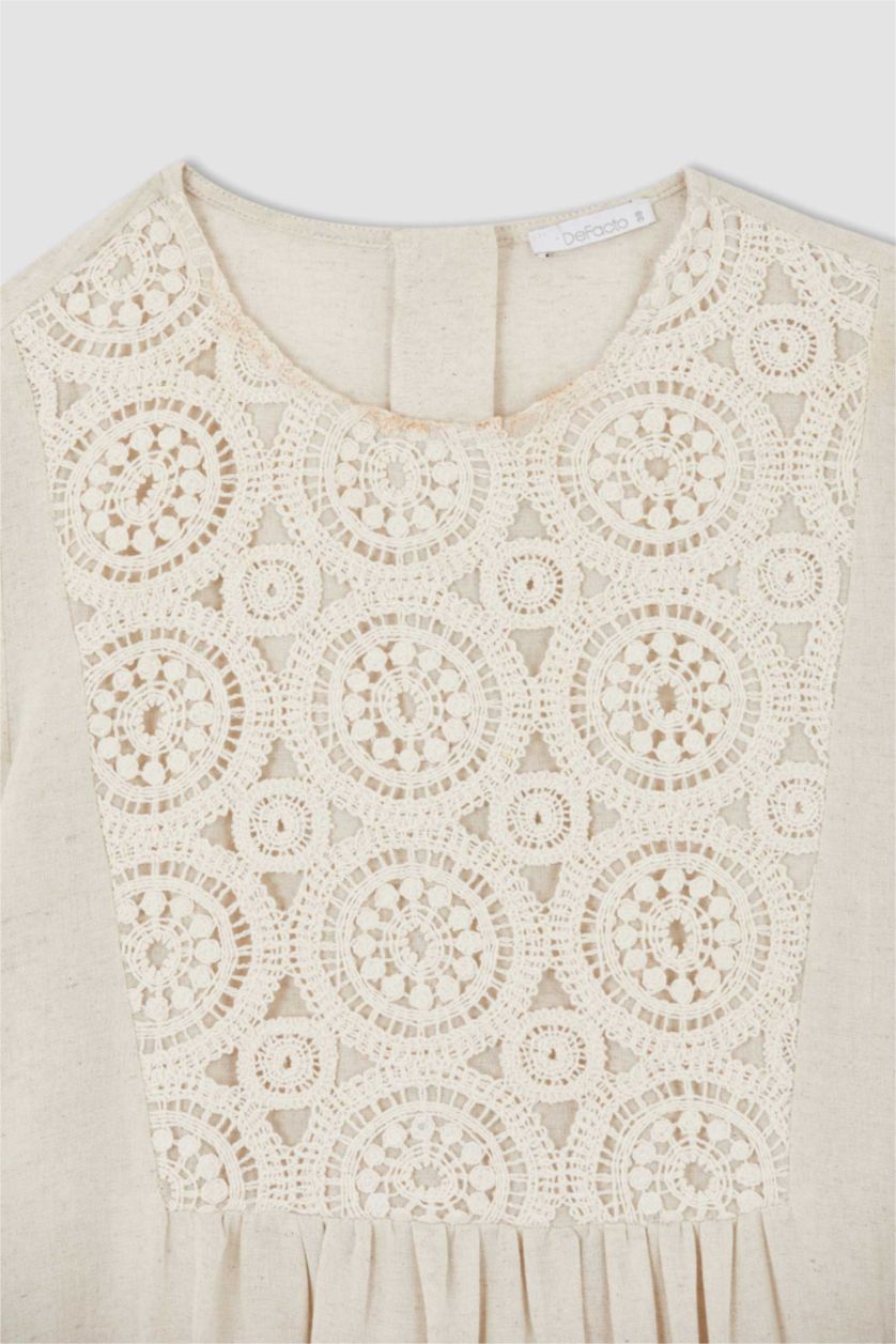 FEMME Beige Col Ras Du Cou Lin Mélangé Manche Longue Robe Tissée À Manches Longues