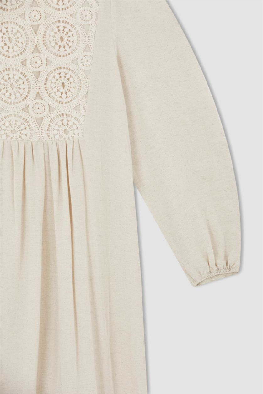 FEMME Beige Col Ras Du Cou Lin Mélangé Manche Longue Robe Tissée À Manches Longues