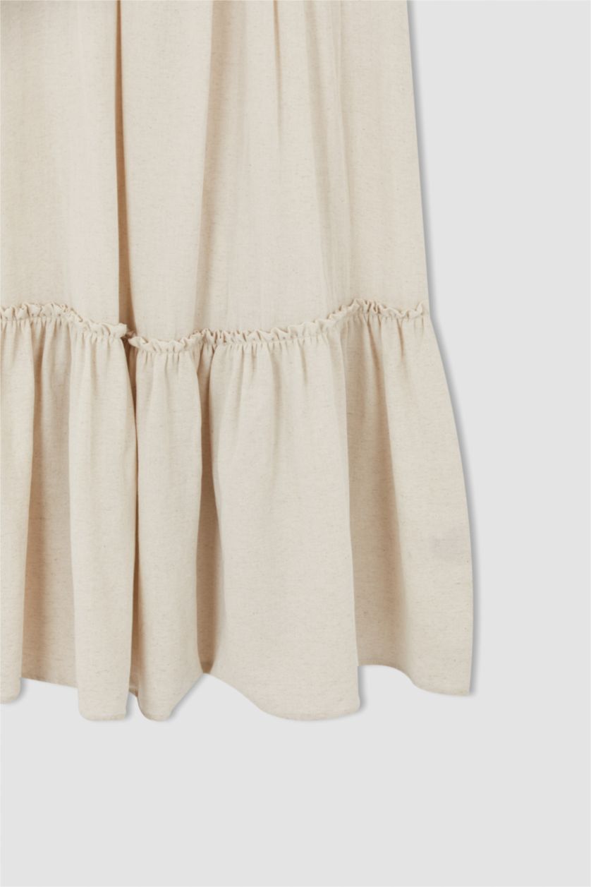 FEMME Beige Col Ras Du Cou Lin Mélangé Manche Longue Robe Tissée À Manches Longues